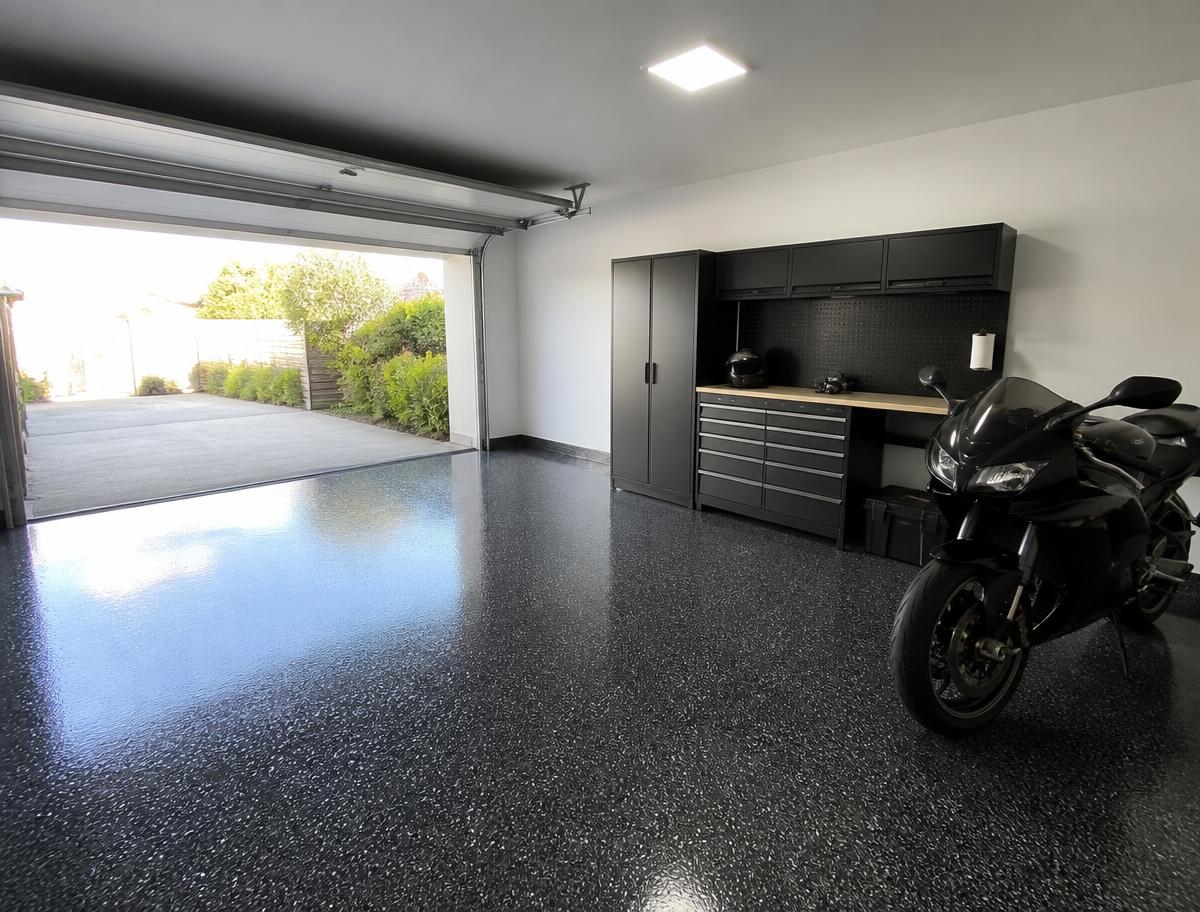 Garage mit fertigem FlakeWerk Boden